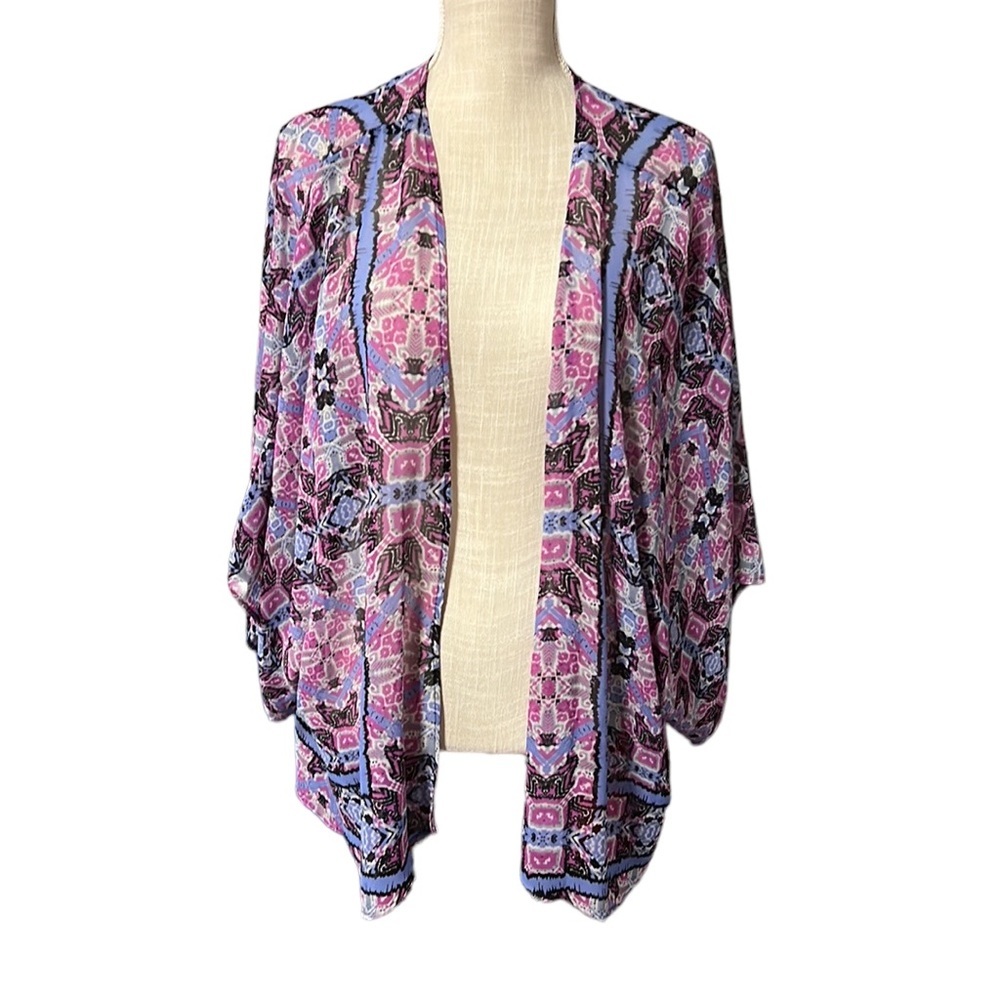 Simply Emma Short Sleeve Kimono Cardigan Sheer Purple Blue Patterned Womens 1X